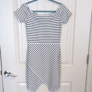 1. State Asymmetrical Black and White Striped Dress